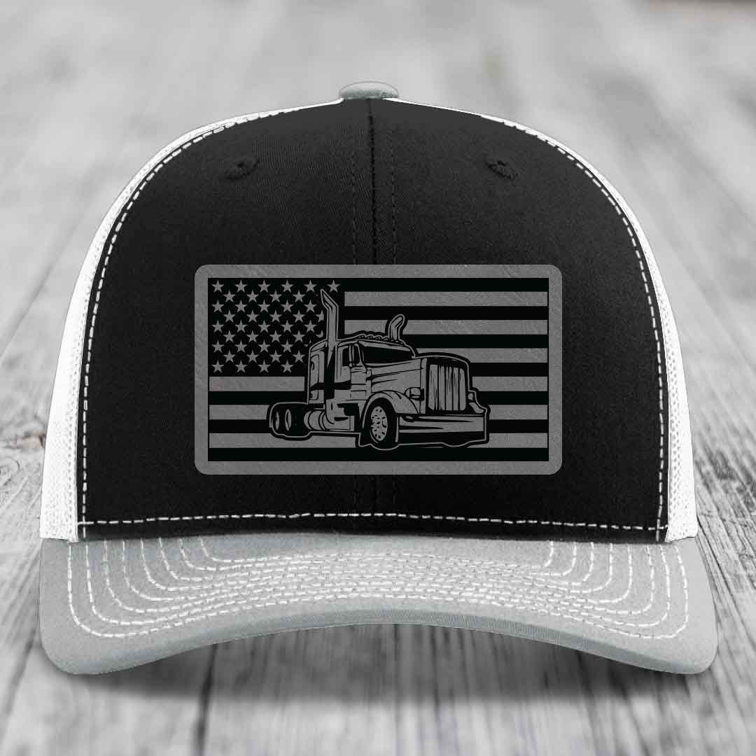 American Flag Peterbilt Truck - Leather Patch Hat - Grey to Black Patch - Richardson 112 Snapback Trucker Hat