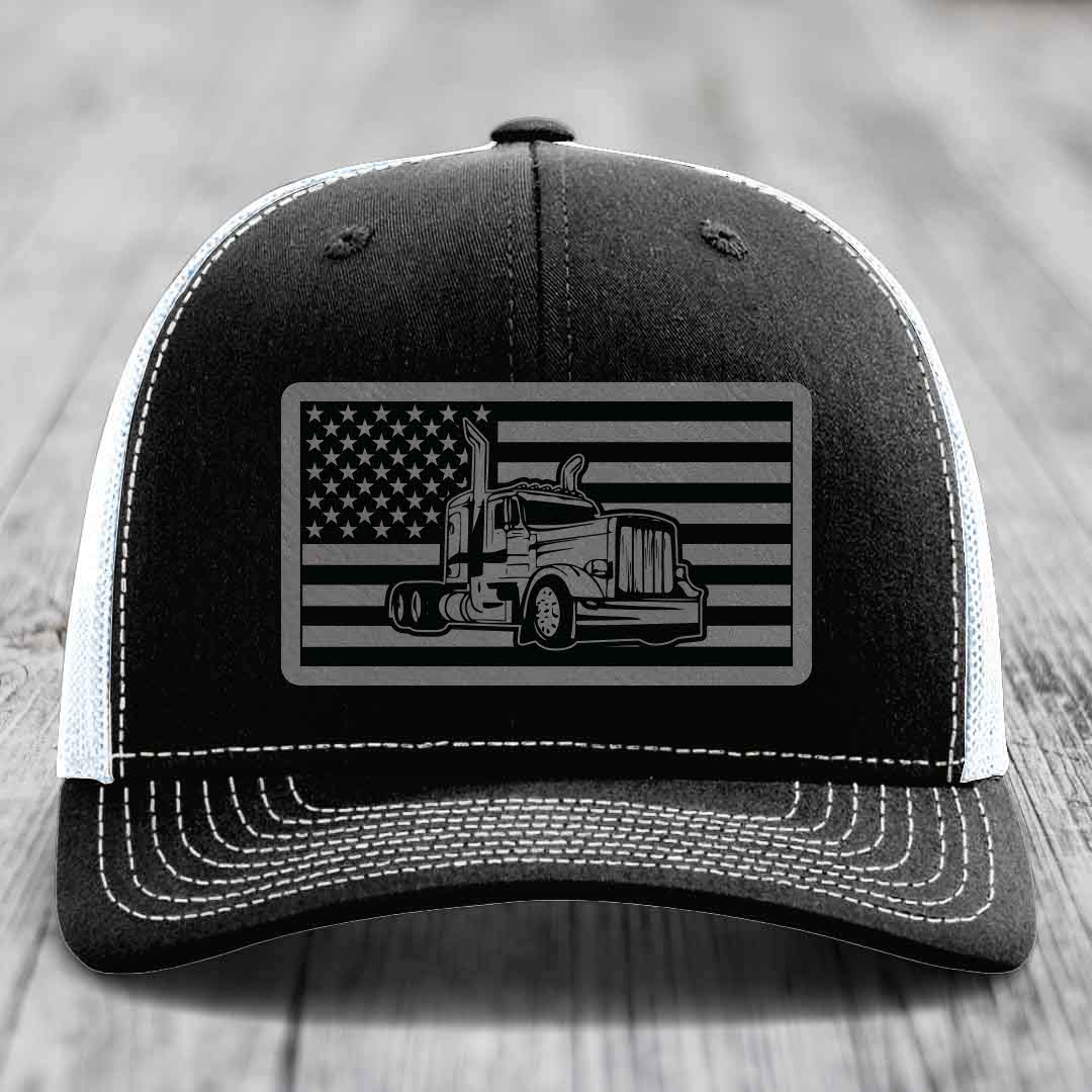 American Flag Peterbilt Truck - Leather Patch Hat - Grey to Black Patch - Richardson 112 Snapback Trucker Hat
