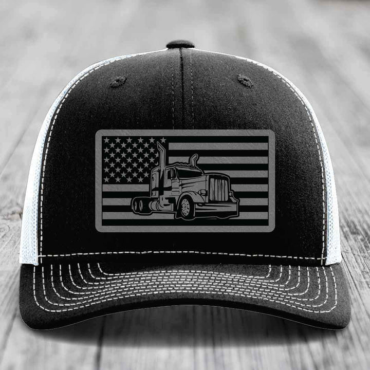 American Flag Peterbilt Truck - Leather Patch Hat - Grey to Black Patch - Richardson 112 Snapback Trucker Hat