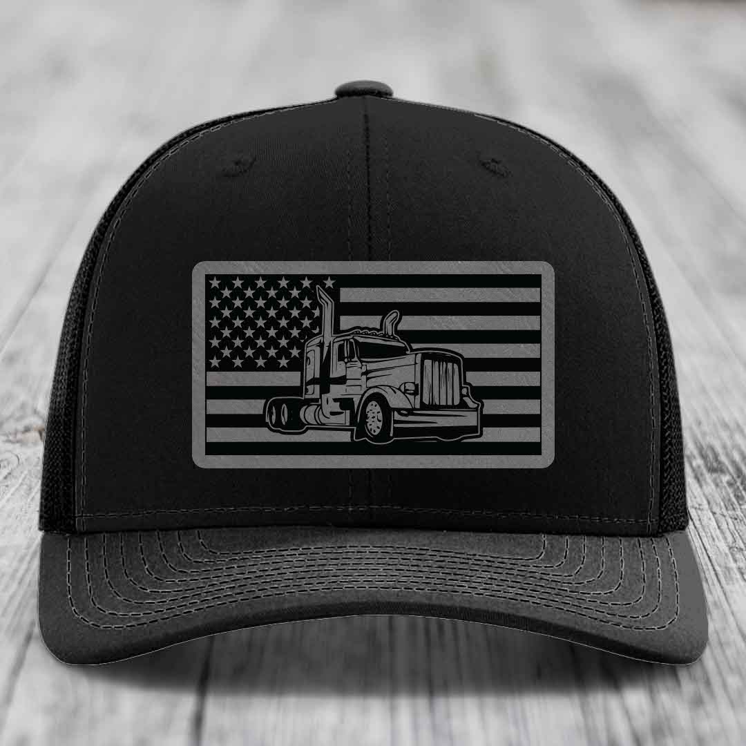 American Flag Peterbilt Truck - Leather Patch Hat - Grey to Black Patch - Richardson 112 Snapback Trucker Hat
