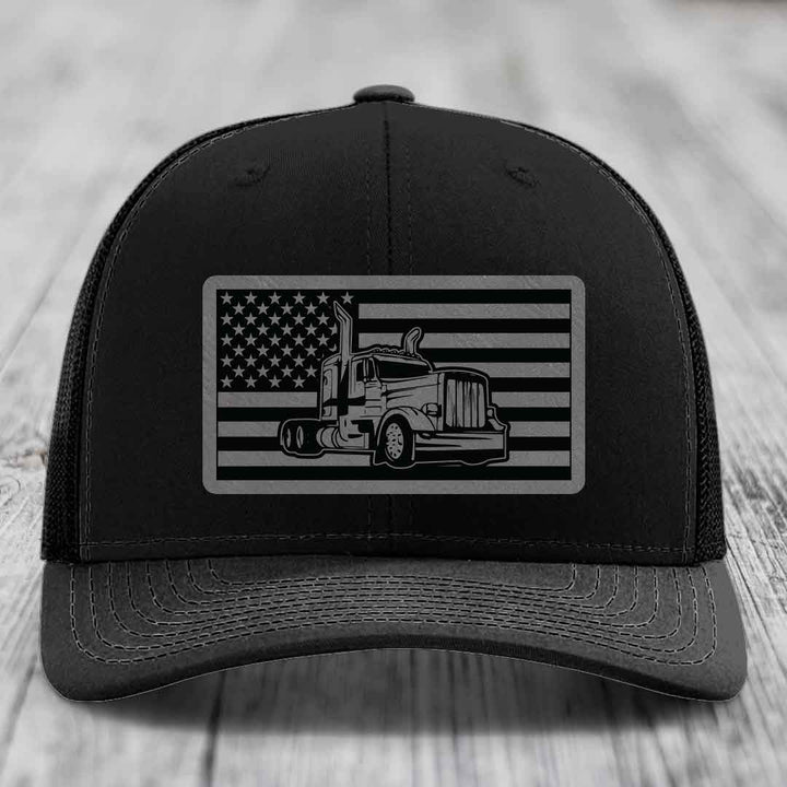 American Flag Peterbilt Truck - Leather Patch Hat - Grey to Black Patch - Richardson 112 Snapback Trucker Hat