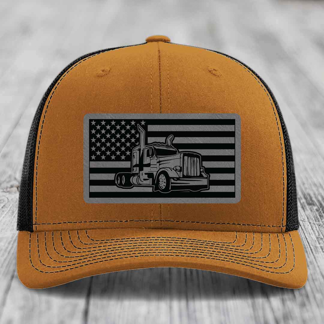 American Flag Peterbilt Truck - Leather Patch Hat - Grey to Black Patch - Richardson 112 Snapback Trucker Hat