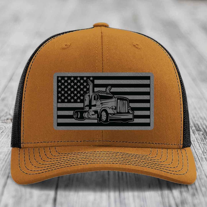 American Flag Peterbilt Truck - Leather Patch Hat - Grey to Black Patch - Richardson 112 Snapback Trucker Hat