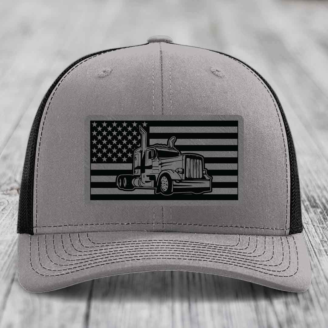 American Flag Peterbilt Truck - Leather Patch Hat - Grey to Black Patch - Richardson 112 Snapback Trucker Hat