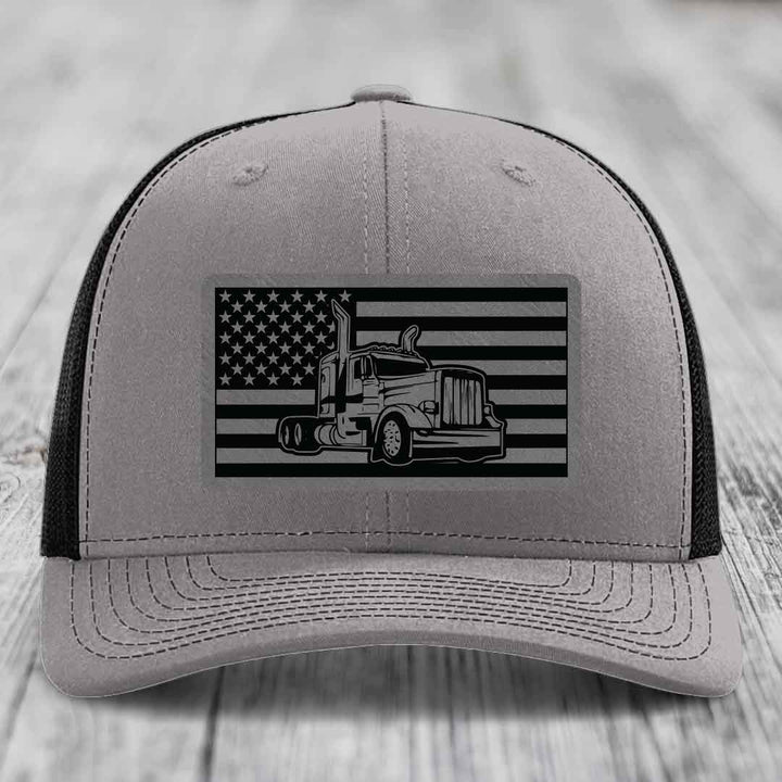 American Flag Peterbilt Truck - Leather Patch Hat - Grey to Black Patch - Richardson 112 Snapback Trucker Hat