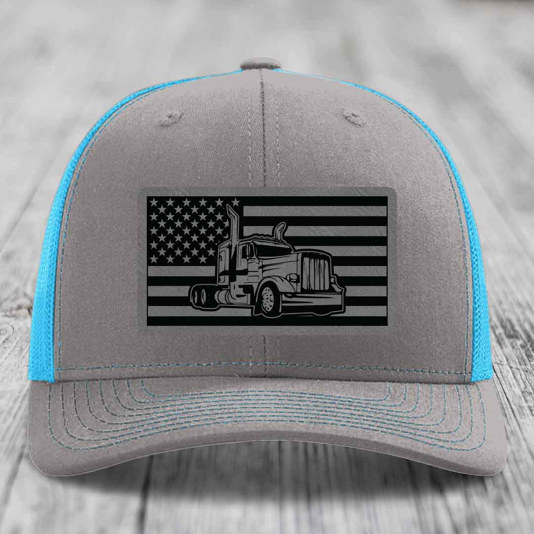 American Flag Peterbilt Truck - Leather Patch Hat - Grey to Black Patch - Richardson 112 Snapback Trucker Hat