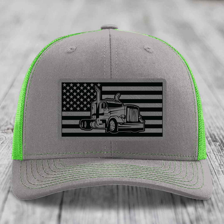American Flag Peterbilt Truck - Leather Patch Hat - Grey to Black Patch - Richardson 112 Snapback Trucker Hat