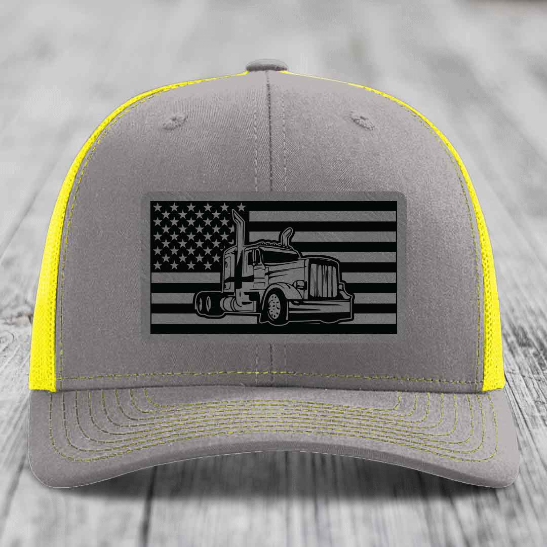 American Flag Peterbilt Truck - Leather Patch Hat - Grey to Black Patch - Richardson 112 Snapback Trucker Hat