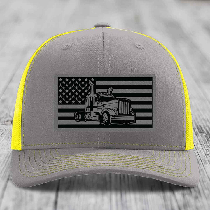 American Flag Peterbilt Truck - Leather Patch Hat - Grey to Black Patch - Richardson 112 Snapback Trucker Hat