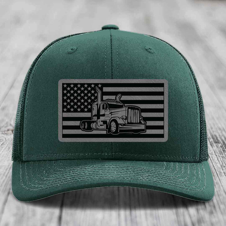 American Flag Peterbilt Truck - Leather Patch Hat - Grey to Black Patch - Richardson 112 Snapback Trucker Hat