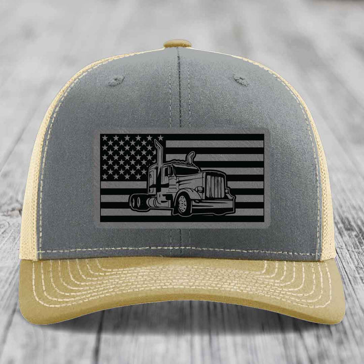American Flag Peterbilt Truck - Leather Patch Hat - Grey to Black Patch - Richardson 112 Snapback Trucker Hat