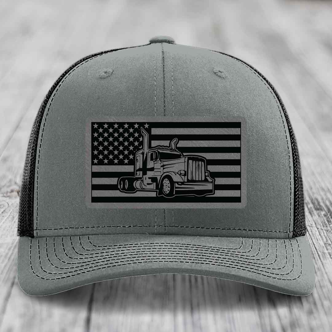 American Flag Peterbilt Truck - Leather Patch Hat - Grey to Black Patch - Richardson 112 Snapback Trucker Hat