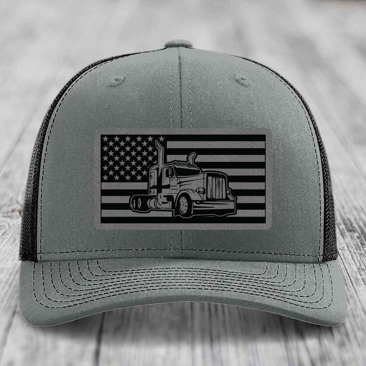 American Flag Peterbilt Truck - Leather Patch Hat - Grey to Black Patch - Richardson 112 Snapback Trucker Hat