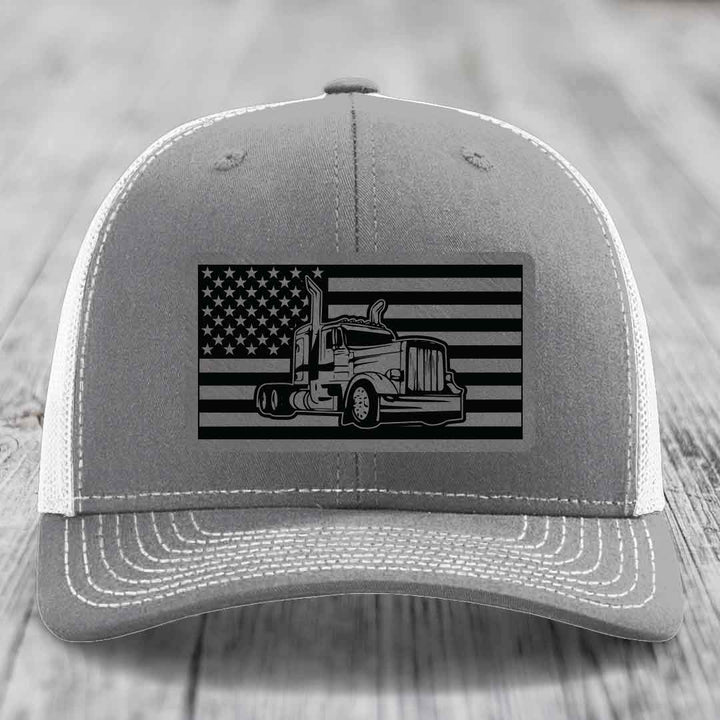 American Flag Peterbilt Truck - Leather Patch Hat - Grey to Black Patch - Richardson 112 Snapback Trucker Hat