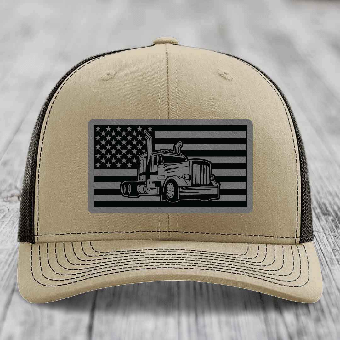 American Flag Peterbilt Truck - Leather Patch Hat - Grey to Black Patch - Richardson 112 Snapback Trucker Hat