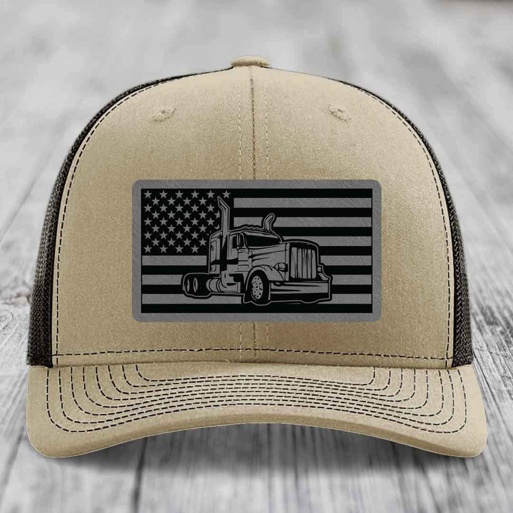 American Flag Peterbilt Truck - Leather Patch Hat - Grey to Black Patch - Richardson 112 Snapback Trucker Hat