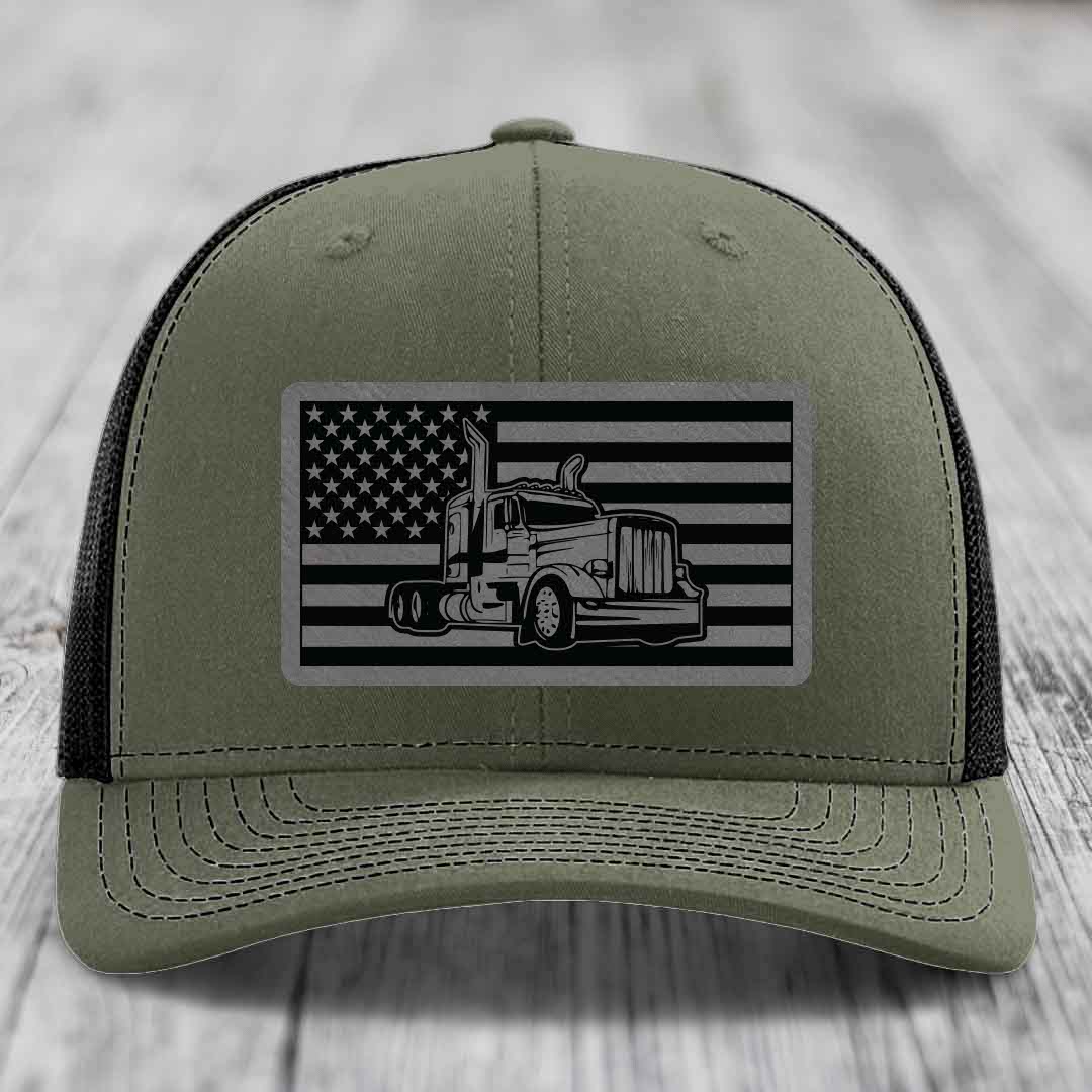 American Flag Peterbilt Truck - Leather Patch Hat - Grey to Black Patch - Richardson 112 Snapback Trucker Hat