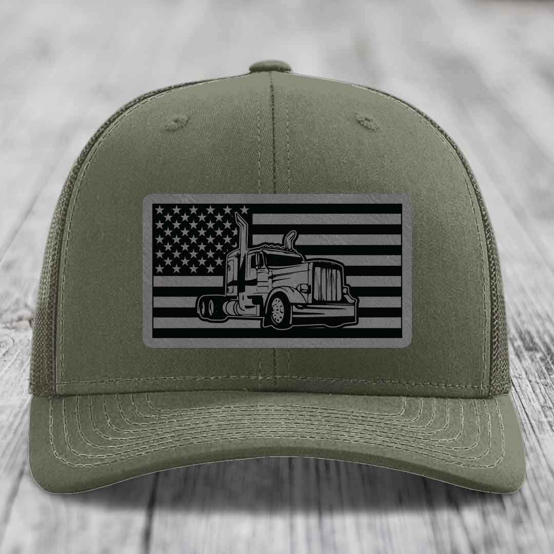 American Flag Peterbilt Truck - Leather Patch Hat - Grey to Black Patch - Richardson 112 Snapback Trucker Hat