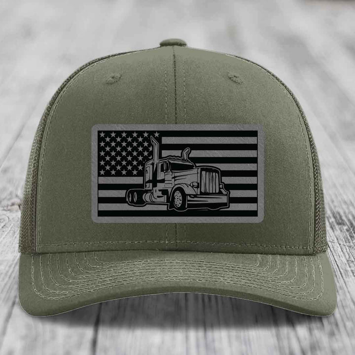 American Flag Peterbilt Truck - Leather Patch Hat - Grey to Black Patch - Richardson 112 Snapback Trucker Hat