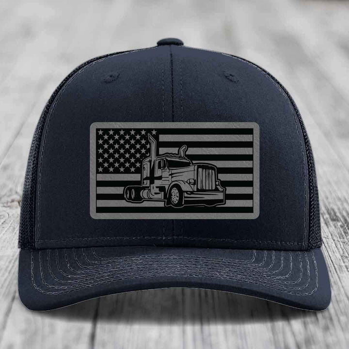 American Flag Peterbilt Truck - Leather Patch Hat - Grey to Black Patch - Richardson 112 Snapback Trucker Hat