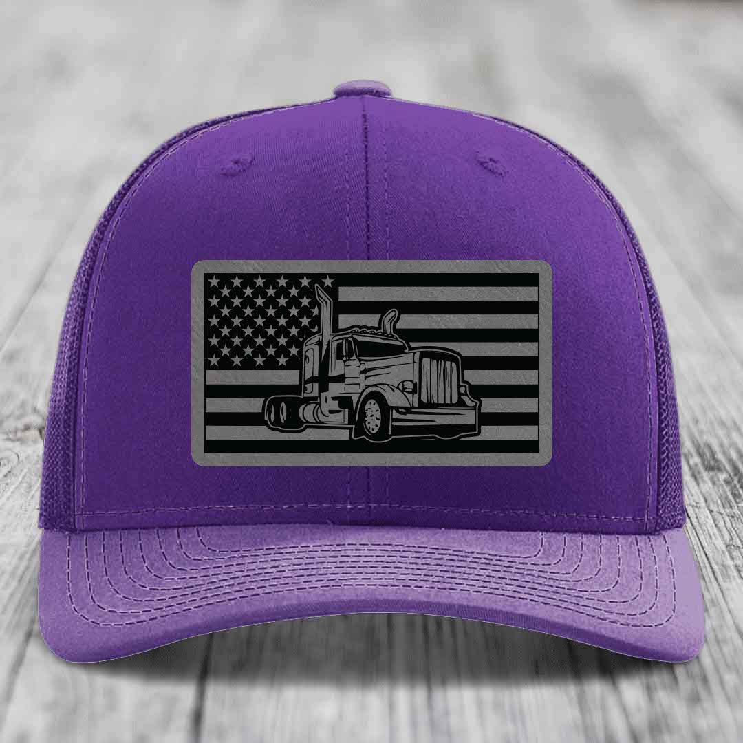 American Flag Peterbilt Truck - Leather Patch Hat - Grey to Black Patch - Richardson 112 Snapback Trucker Hat