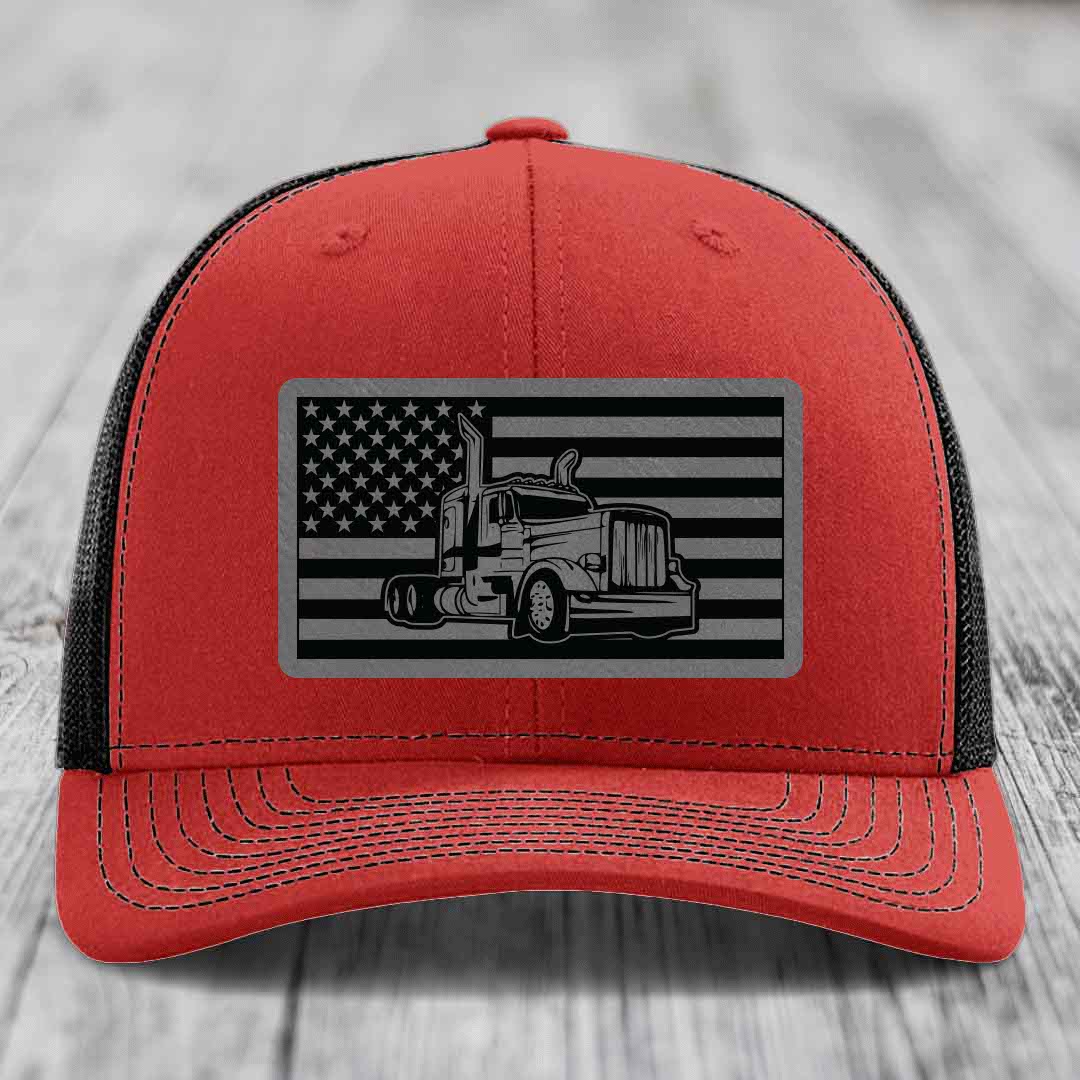 American Flag Peterbilt Truck - Leather Patch Hat - Grey to Black Patch - Richardson 112 Snapback Trucker Hat