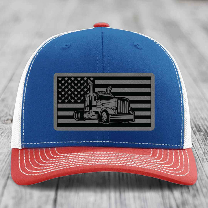 American Flag Peterbilt Truck - Leather Patch Hat - Grey to Black Patch - Richardson 112 Snapback Trucker Hat