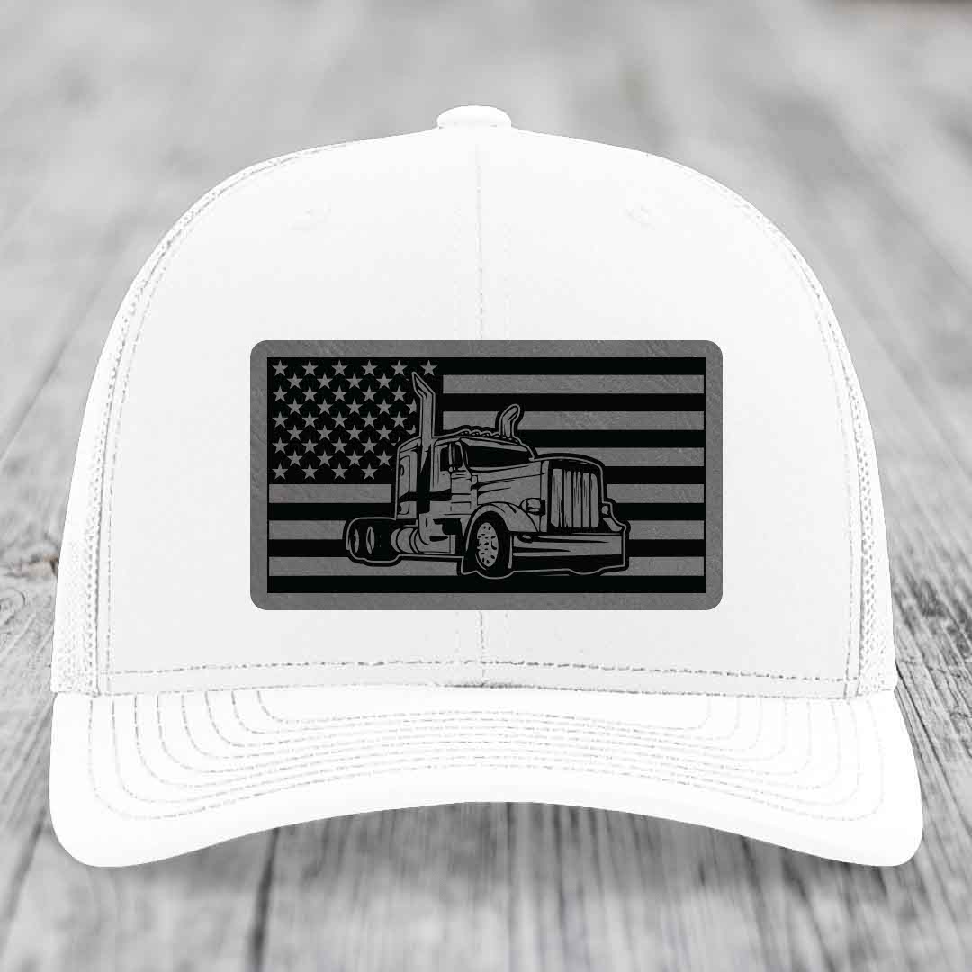 American Flag Peterbilt Truck - Leather Patch Hat - Grey to Black Patch - Richardson 112 Snapback Trucker Hat