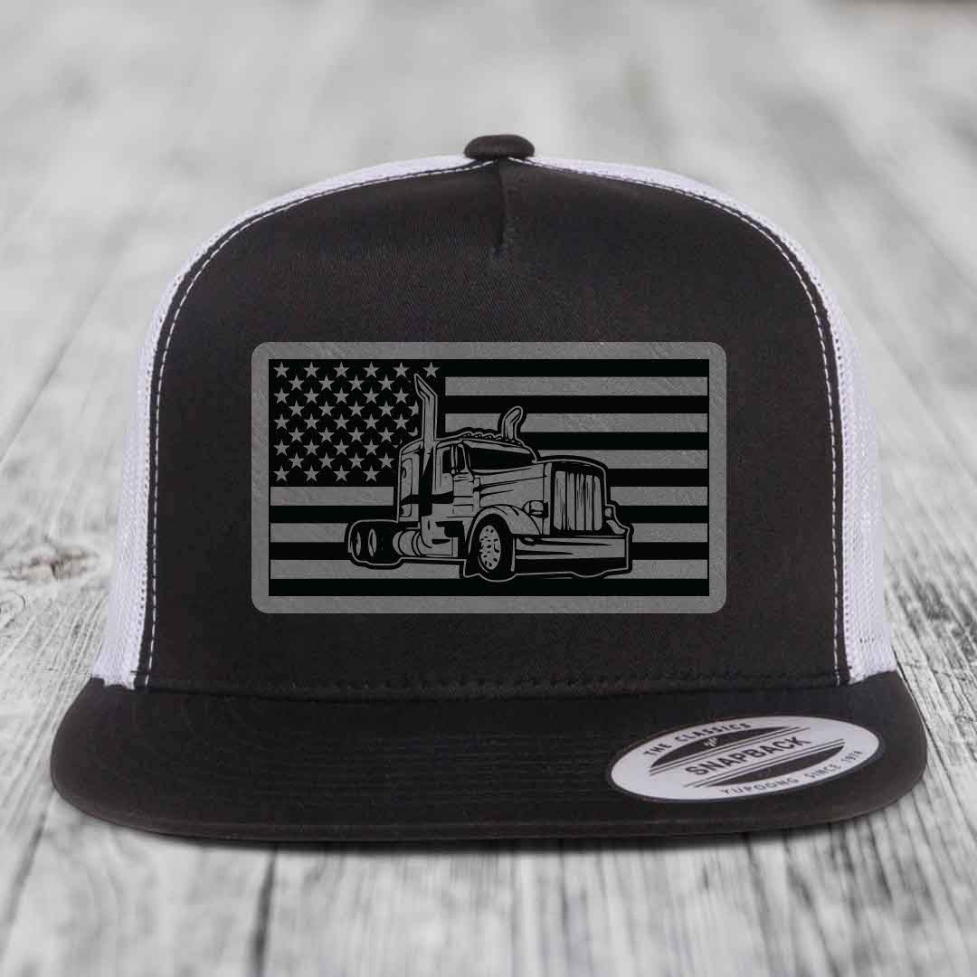 American Flag Peterbilt Truck - Leather Patch Hat - Grey to Black Patch - Yupoong 6006 Snapback Flatbill Hat