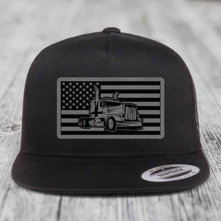 American Flag Peterbilt Truck - Leather Patch Hat - Grey to Black Patch - Yupoong 6006 Snapback Flatbill Hat