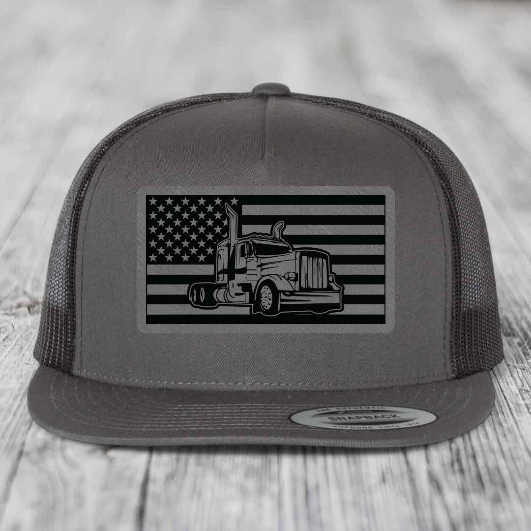 American Flag Peterbilt Truck - Leather Patch Hat - Grey to Black Patch - Yupoong 6006 Snapback Flatbill Hat