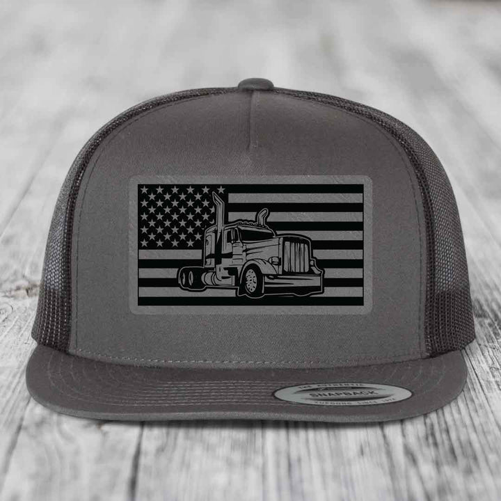 American Flag Peterbilt Truck - Leather Patch Hat - Grey to Black Patch - Yupoong 6006 Snapback Flatbill Hat