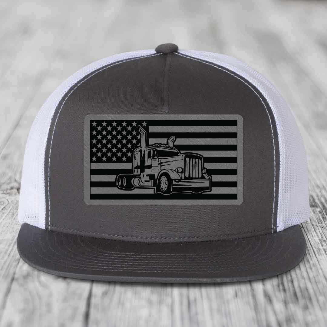 American Flag Peterbilt Truck - Leather Patch Hat - Grey to Black Patch - Yupoong 6006 Snapback Flatbill Hat