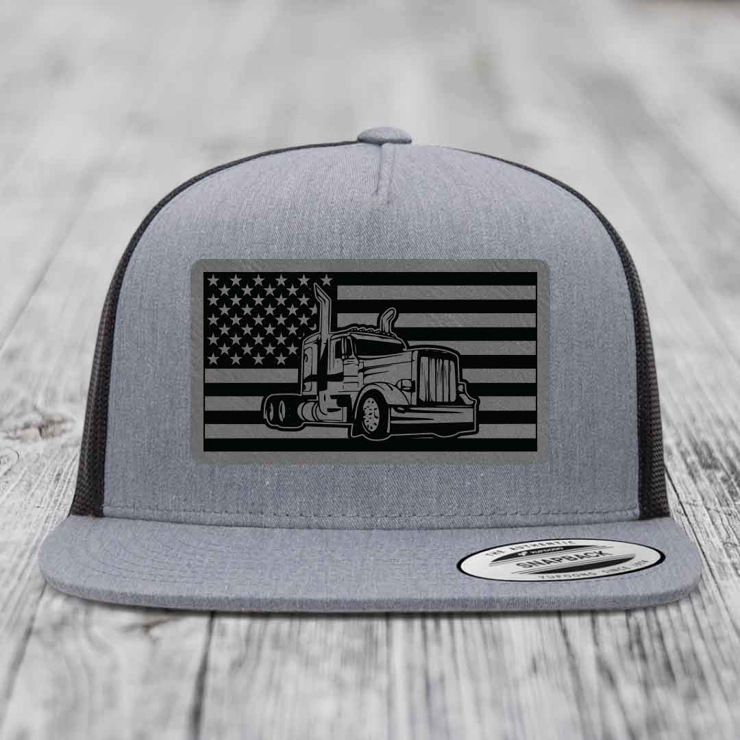 American Flag Peterbilt Truck - Leather Patch Hat - Grey to Black Patch - Yupoong 6006 Snapback Flatbill Hat