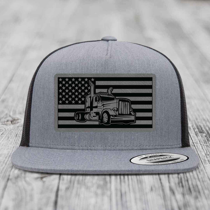 American Flag Peterbilt Truck - Leather Patch Hat - Grey to Black Patch - Yupoong 6006 Snapback Flatbill Hat