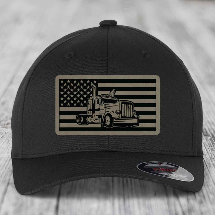 American Flag Peterbilt Truck - Leather Patch Hat - Light Brown to Black Patch - Flexfit 6277 Fitted Hat