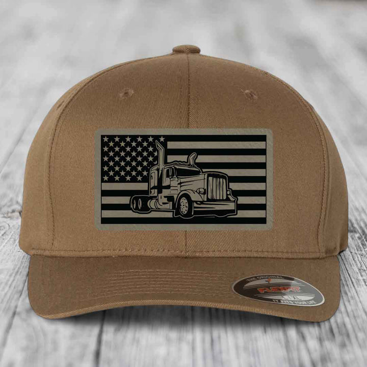 American Flag Peterbilt Truck - Leather Patch Hat - Light Brown to Black Patch - Flexfit 6277 Fitted Hat