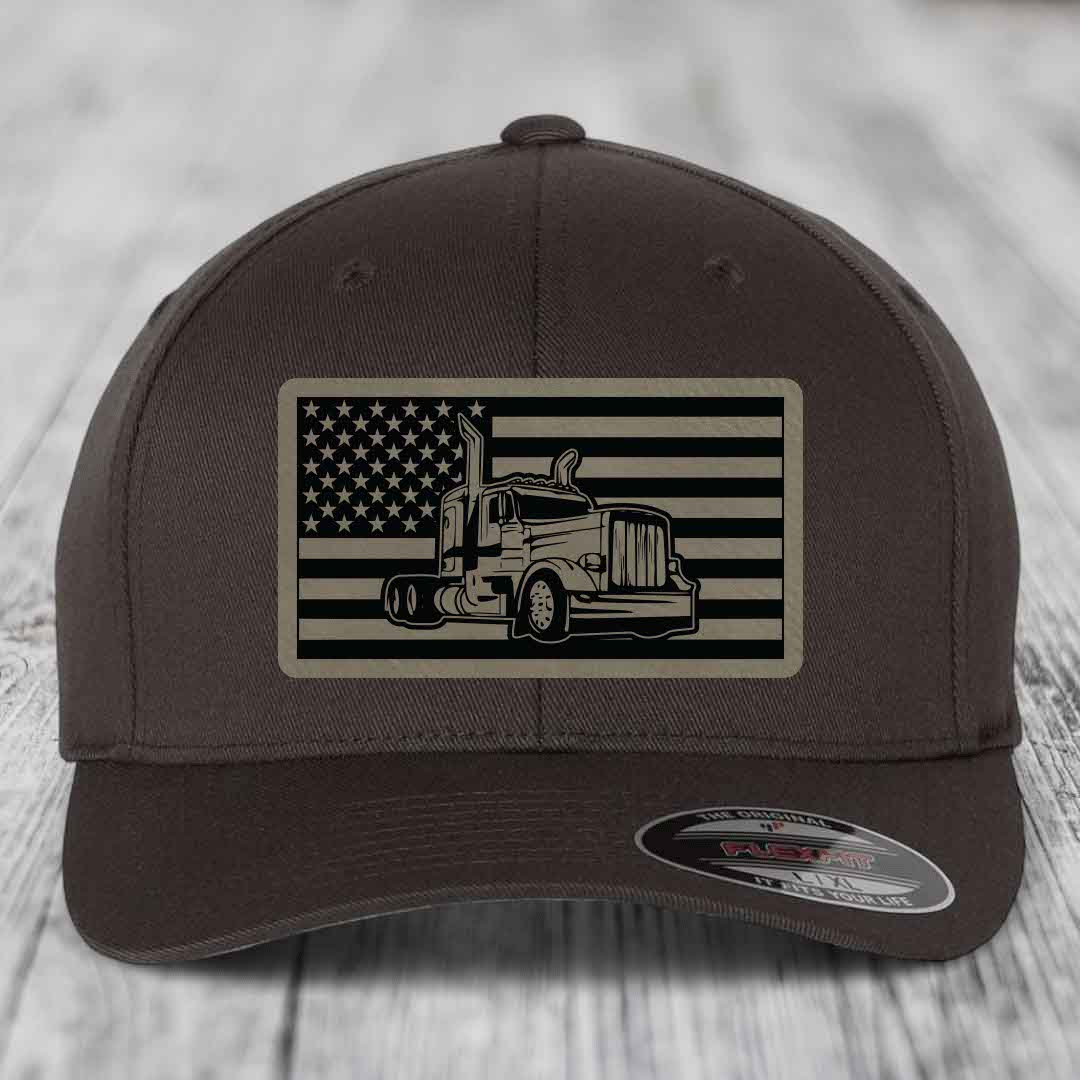 American Flag Peterbilt Truck - Leather Patch Hat - Light Brown to Black Patch - Flexfit 6277 Fitted Hat