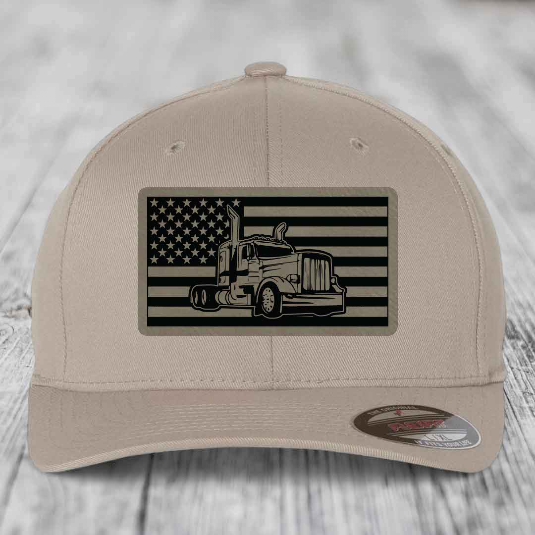 American Flag Peterbilt Truck - Leather Patch Hat - Light Brown to Black Patch - Flexfit 6277 Fitted Hat