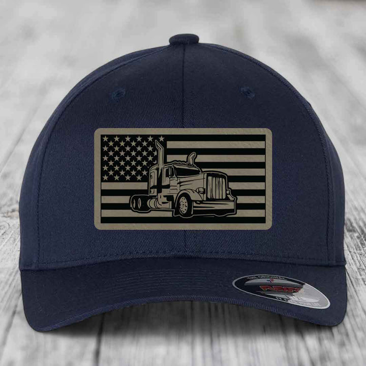 American Flag Peterbilt Truck - Leather Patch Hat - Light Brown to Black Patch - Flexfit 6277 Fitted Hat