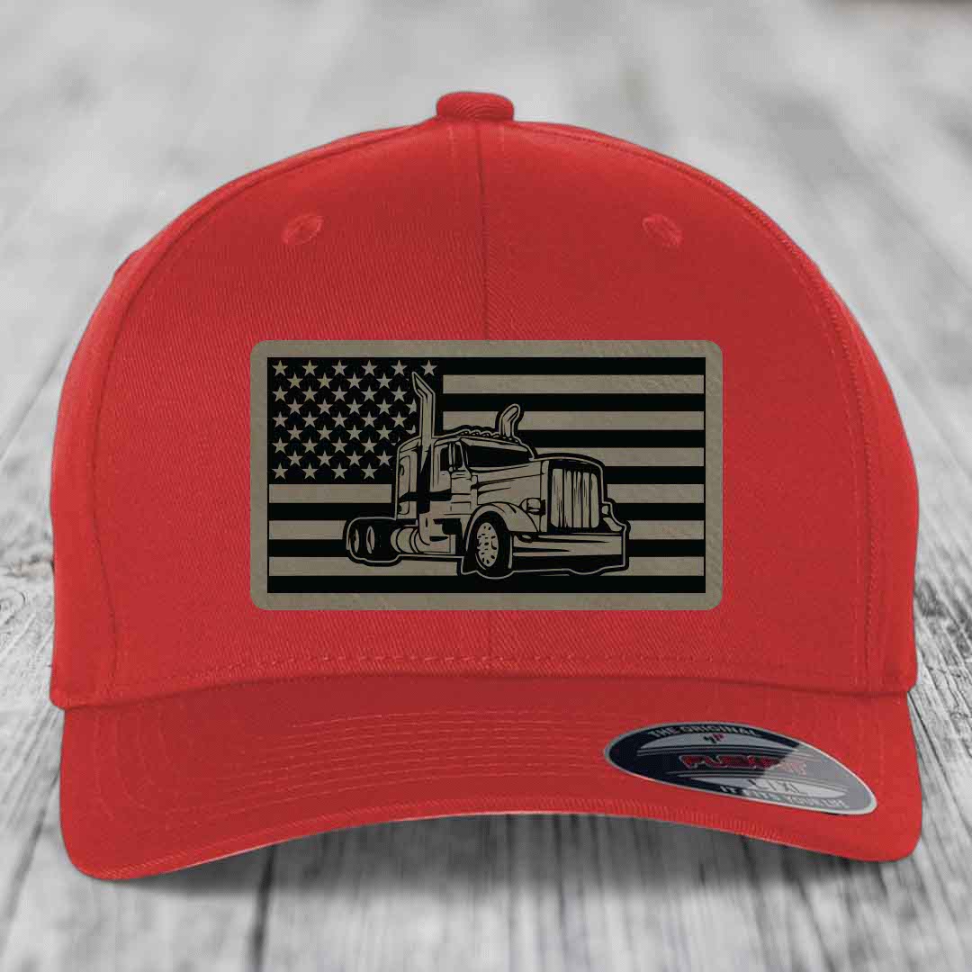 American Flag Peterbilt Truck - Leather Patch Hat - Light Brown to Black Patch - Flexfit 6277 Fitted Hat