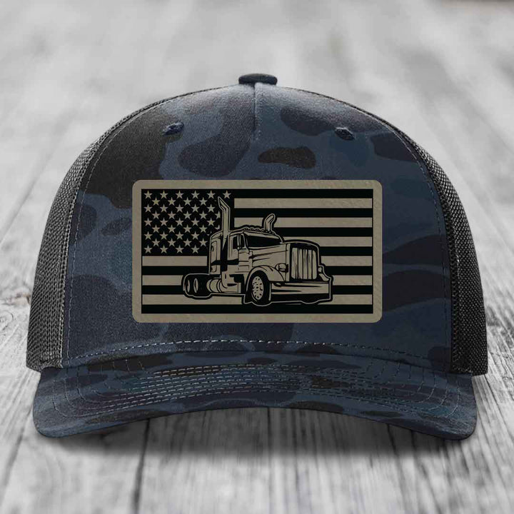 American Flag Peterbilt Truck - Leather Patch Hat - Light Brown to Black Patch - Richardson 112PFP Snapback Trucker Hat