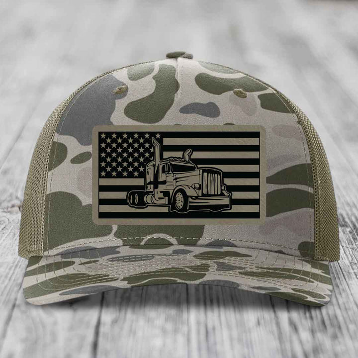 American Flag Peterbilt Truck - Leather Patch Hat - Light Brown to Black Patch - Richardson 112PFP Snapback Trucker Hat