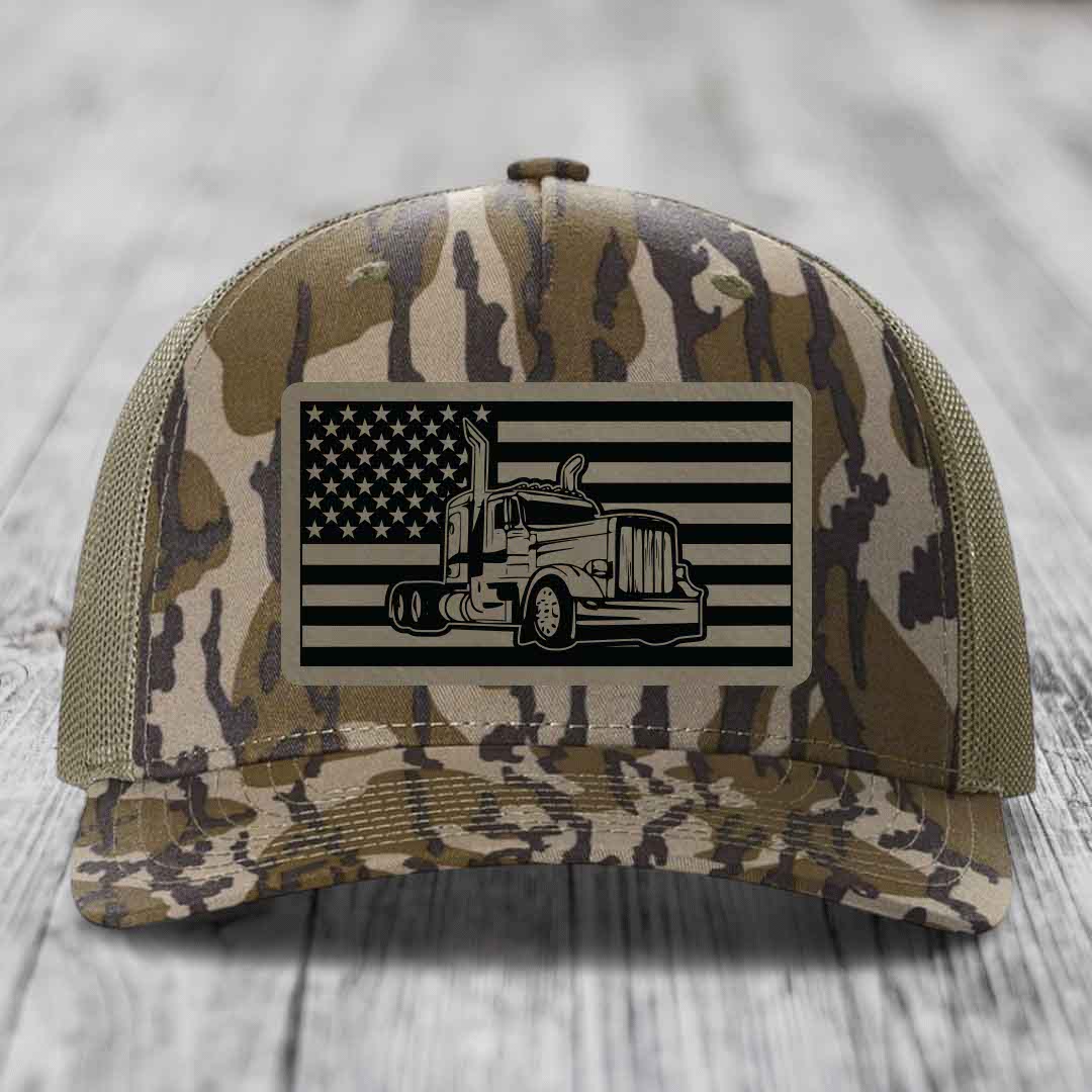 American Flag Peterbilt Truck - Leather Patch Hat - Light Brown to Black Patch - Richardson 112PFP Snapback Trucker Hat