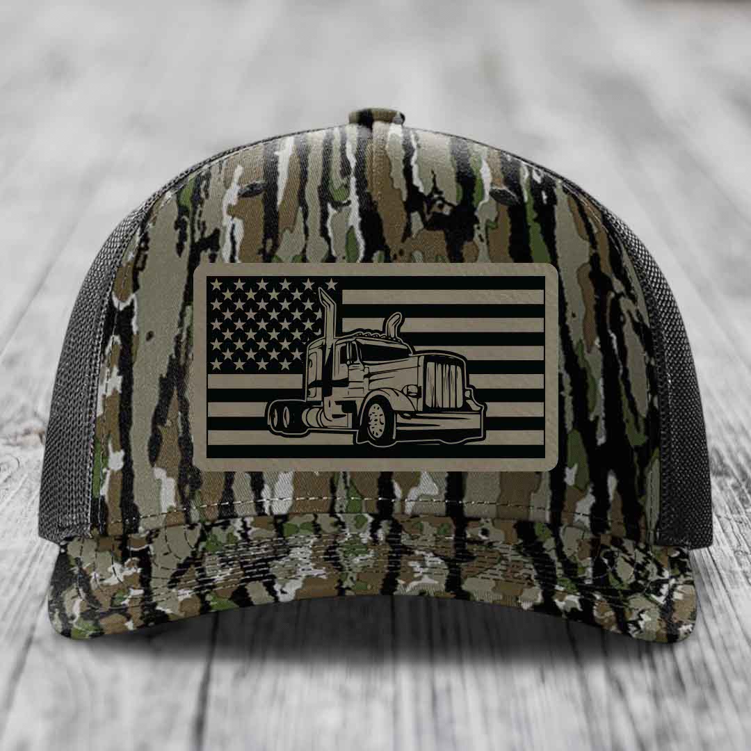 American Flag Peterbilt Truck - Leather Patch Hat - Light Brown to Black Patch - Richardson 112PFP Snapback Trucker Hat