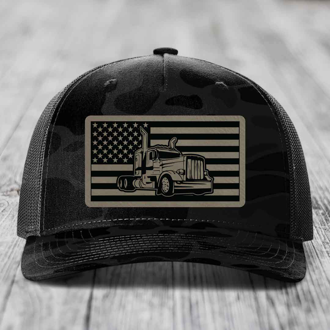 American Flag Peterbilt Truck - Leather Patch Hat - Light Brown to Black Patch - Richardson 112PFP Snapback Trucker Hat