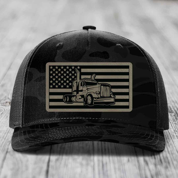 American Flag Peterbilt Truck - Leather Patch Hat - Light Brown to Black Patch - Richardson 112PFP Snapback Trucker Hat