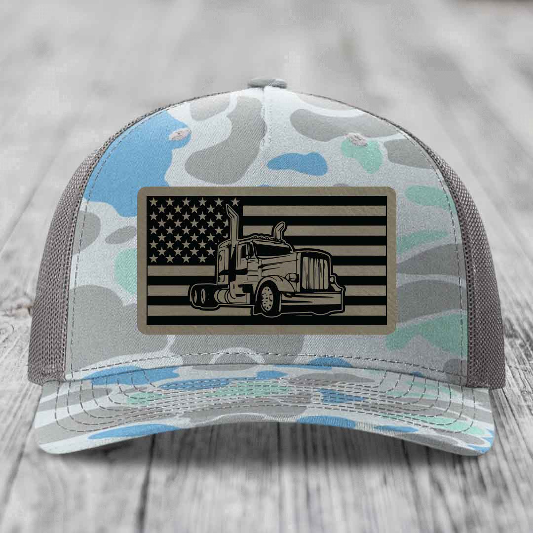American Flag Peterbilt Truck - Leather Patch Hat - Light Brown to Black Patch - Richardson 112PFP Snapback Trucker Hat