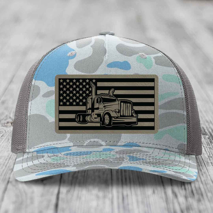 American Flag Peterbilt Truck - Leather Patch Hat - Light Brown to Black Patch - Richardson 112PFP Snapback Trucker Hat