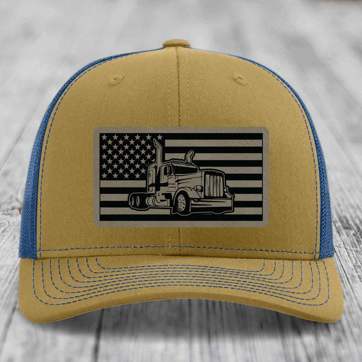 American Flag Peterbilt Truck - Leather Patch Hat - Light Brown to Black Patch - Richardson 112 Snapback Trucker Hat